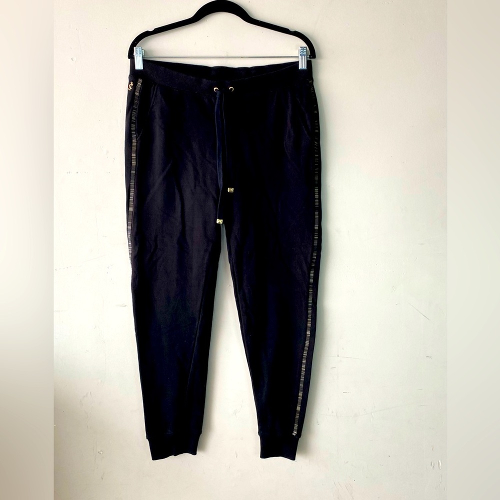 Juicy Couture Black Cotton Joggers Metallic Beaded Side Stripe Trim Charm M - Picture 2 of 8